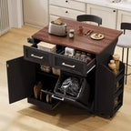Isola Cucina a Carrello Bianca/Nera con Ribalta, Scaffale Laterale e Ruote – 1 Posto a Sedere
