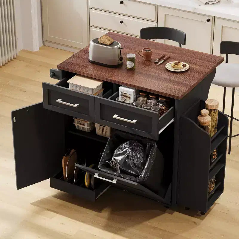 Isola Cucina a Carrello Bianca/Nera con Ribalta, Scaffale Laterale e Ruote – 1 Posto a Sedere