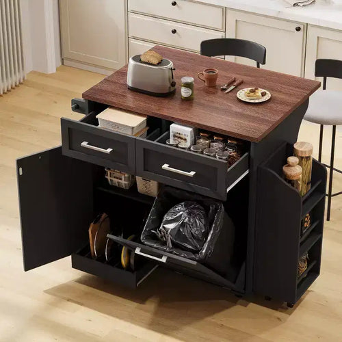 Isola Cucina a Carrello Bianca/Nera con Ribalta, Scaffale Laterale e Ruote – 1 Posto a Sedere