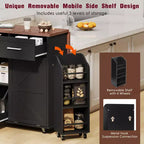 Isola Cucina a Carrello Bianca/Nera con Ribalta, Scaffale Laterale e Ruote – 1 Posto a Sedere