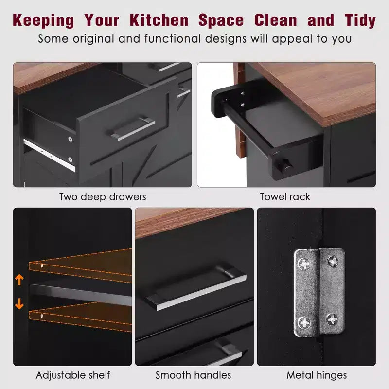Isola Cucina a Carrello Bianca/Nera con Ribalta, Scaffale Laterale e Ruote – 1 Posto a Sedere