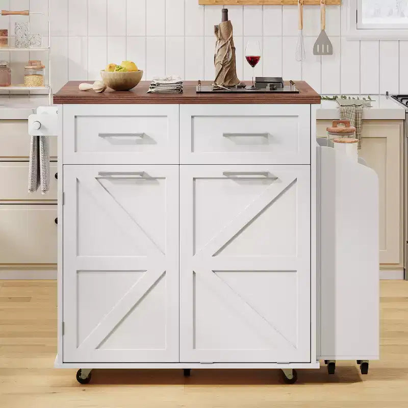 Isola Cucina a Carrello Bianca/Nera con Ribalta, Scaffale Laterale e Ruote – 1 Posto a Sedere