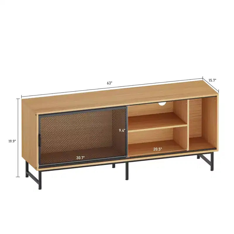 Mobile TV moderno per televisori fino a 65 pollici, mobiletto porta TV in legno da 160 cm con anta scorrevole in rete metallica, tavolino consolle per soggiorno e camera da letto