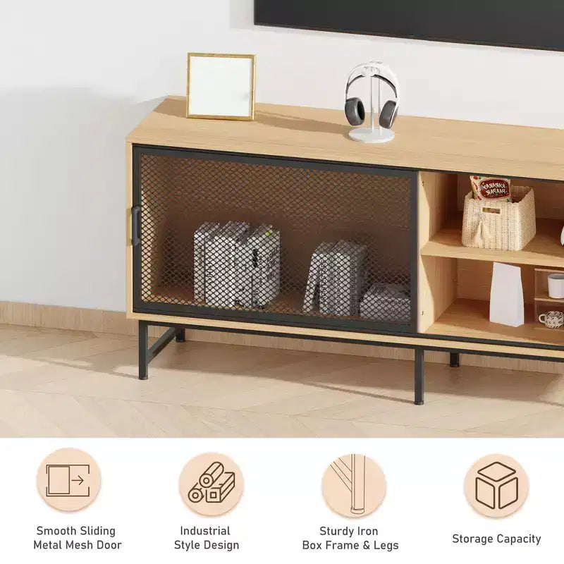 Mobile TV moderno per televisori fino a 65 pollici, mobiletto porta TV in legno da 160 cm con anta scorrevole in rete metallica, tavolino consolle per soggiorno e camera da letto