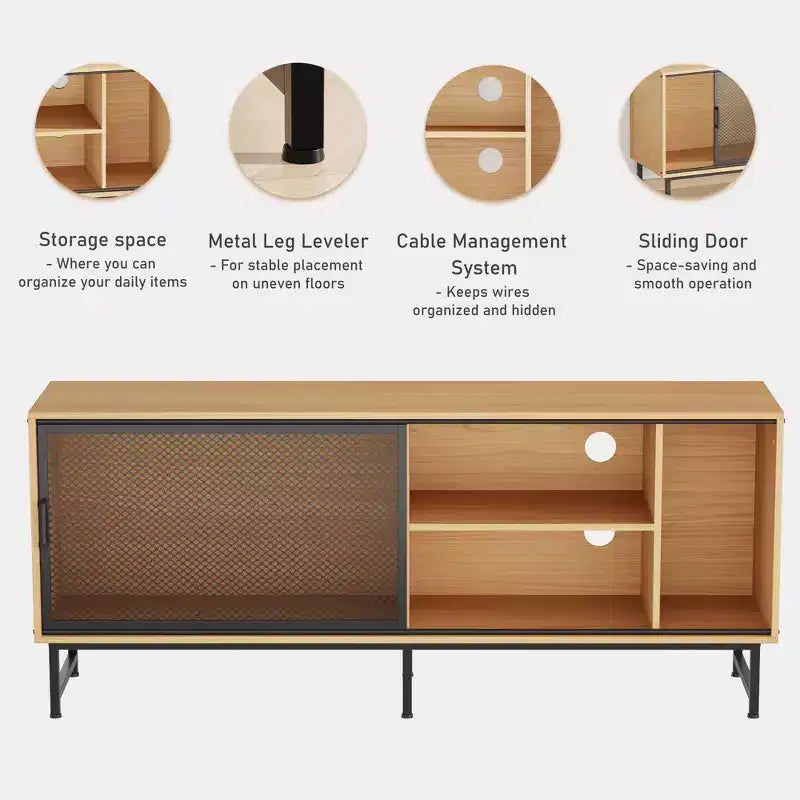 Mobile TV moderno per televisori fino a 65 pollici, mobiletto porta TV in legno da 160 cm con anta scorrevole in rete metallica, tavolino consolle per soggiorno e camera da letto