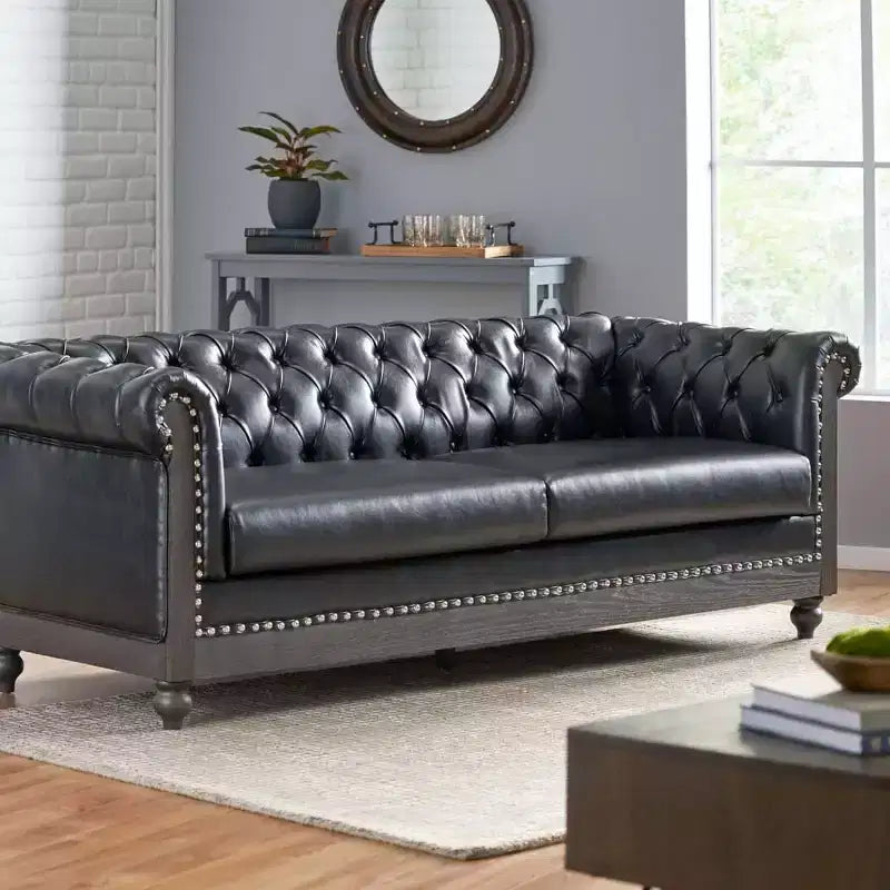 Divano Chesterfield trapuntato nero / marrone scuro / marrone chiaro, in pelle PU, a 3 posti