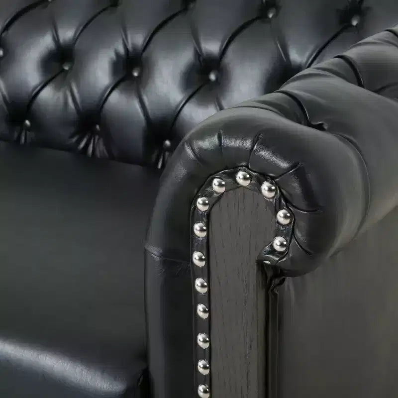 Divano Chesterfield trapuntato nero / marrone scuro / marrone chiaro, in pelle PU, a 3 posti
