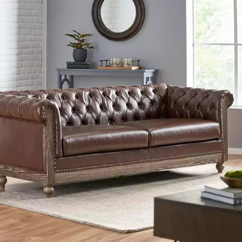 Divano Chesterfield trapuntato nero / marrone scuro / marrone chiaro, in pelle PU, a 3 posti