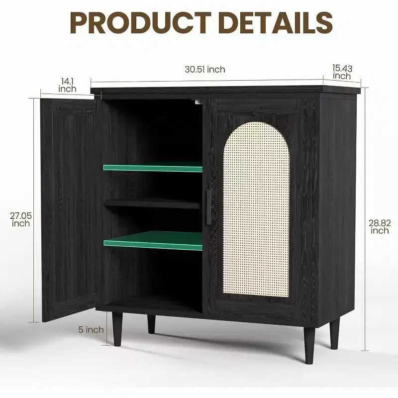 Credenza da buffet con ante in rattan, nera/legno, montaggio in 1 persona