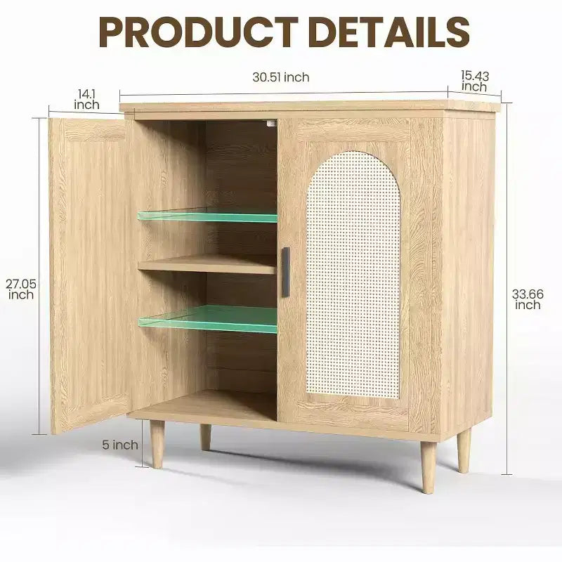 Credenza da buffet con ante in rattan, nera/legno, montaggio in 1 persona