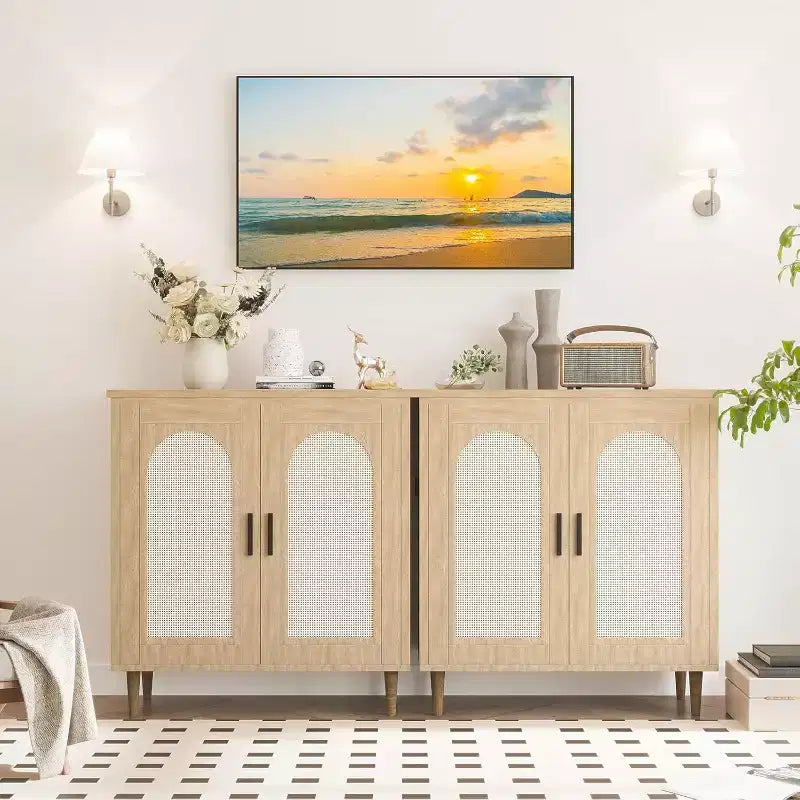 Credenza da buffet con ante in rattan, nera/legno, montaggio in 1 persona