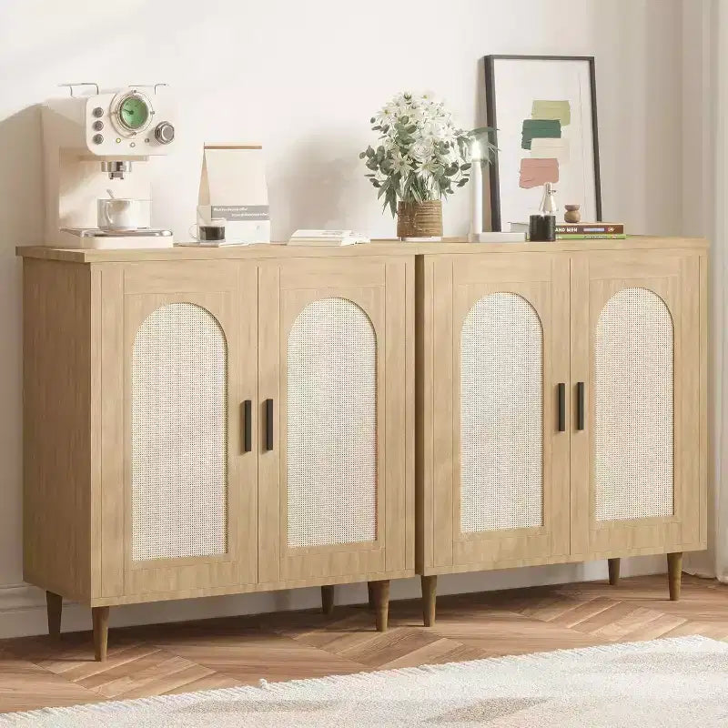 Credenza da buffet con ante in rattan, nera/legno, montaggio in 1 persona