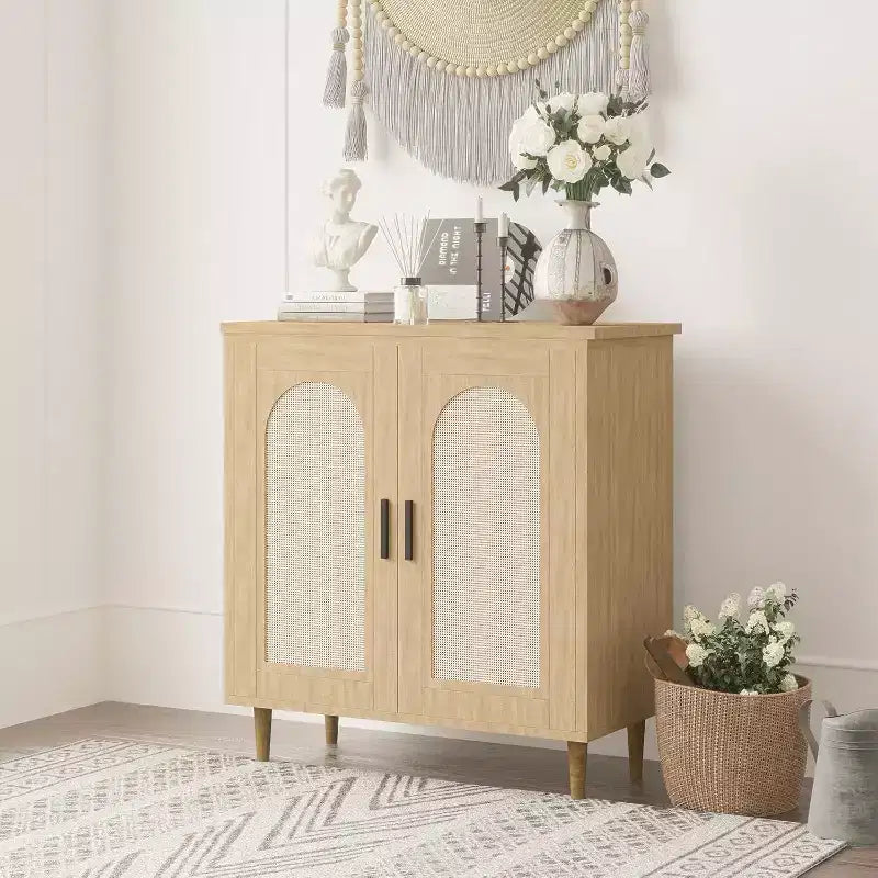 Credenza da buffet con ante in rattan, nera/legno, montaggio in 1 persona