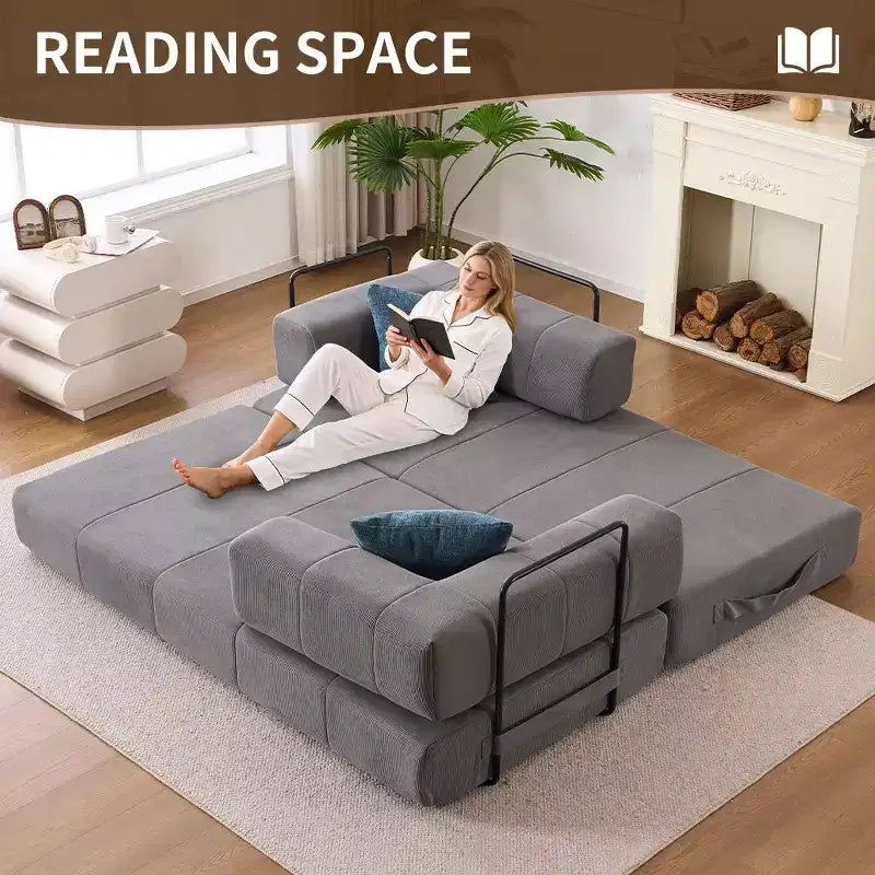 Divano Letto Convertibile 4-in-1 in Velluto a Coste Grigio con Braccioli in Metallo, 2 Posti