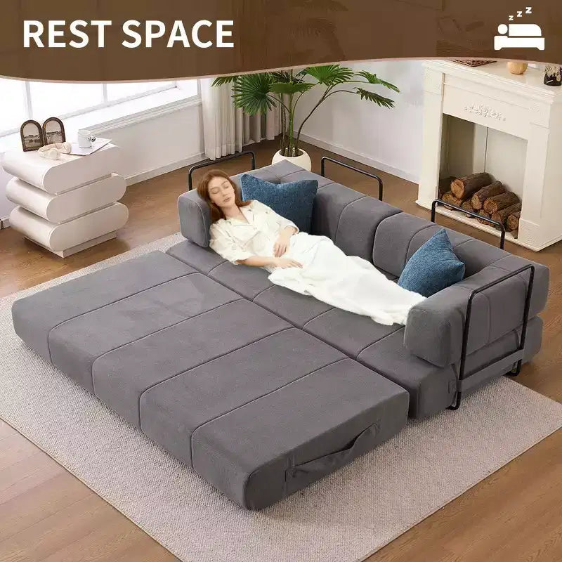 Divano Letto Convertibile 4-in-1 in Velluto a Coste Grigio con Braccioli in Metallo, 2 Posti