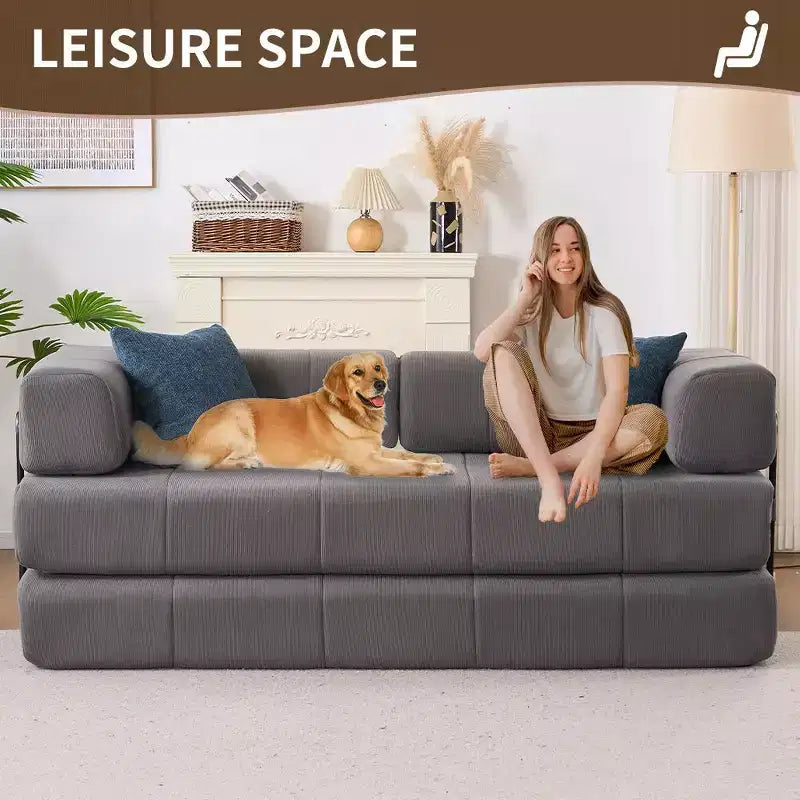 Divano Letto Convertibile 4-in-1 in Velluto a Coste Grigio con Braccioli in Metallo, 2 Posti