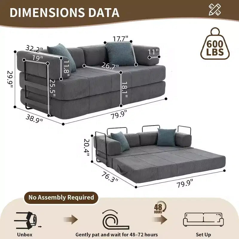 Divano Letto Convertibile 4-in-1 in Velluto a Coste Grigio con Braccioli in Metallo, 2 Posti