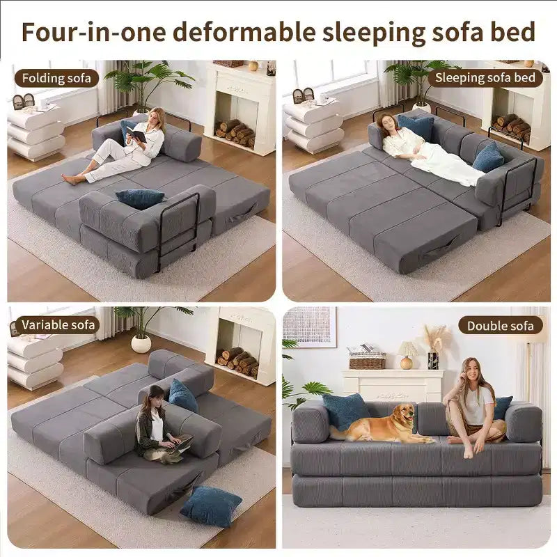 Divano Letto Convertibile 4-in-1 in Velluto a Coste Grigio con Braccioli in Metallo, 2 Posti