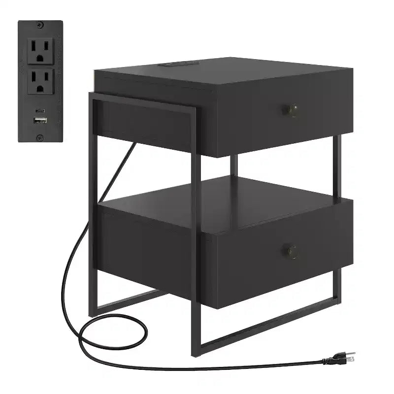 Comodino moderno bianco/nero con ricarica USB, 2 cassetti, 1 pezzo