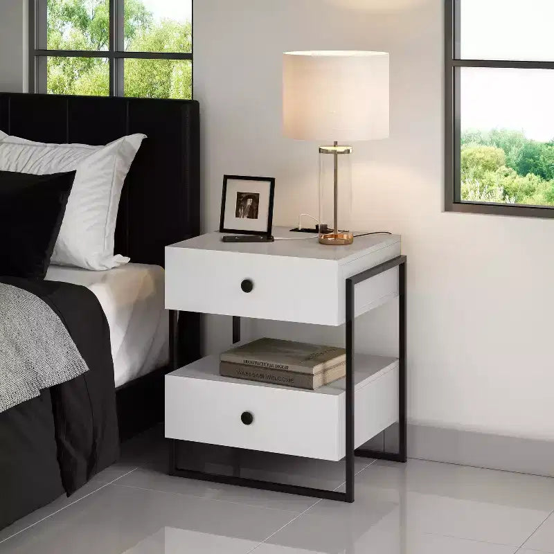 Comodino moderno bianco/nero con ricarica USB, 2 cassetti, 1 pezzo