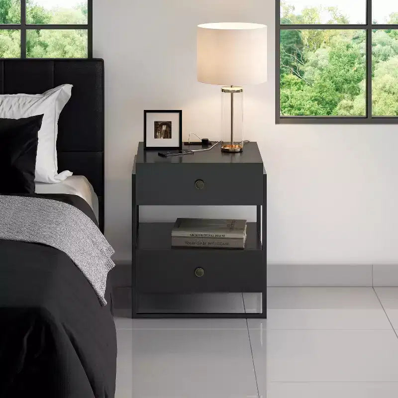 Comodino moderno bianco/nero con ricarica USB, 2 cassetti, 1 pezzo