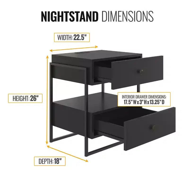 Comodino moderno bianco/nero con ricarica USB, 2 cassetti, 1 pezzo