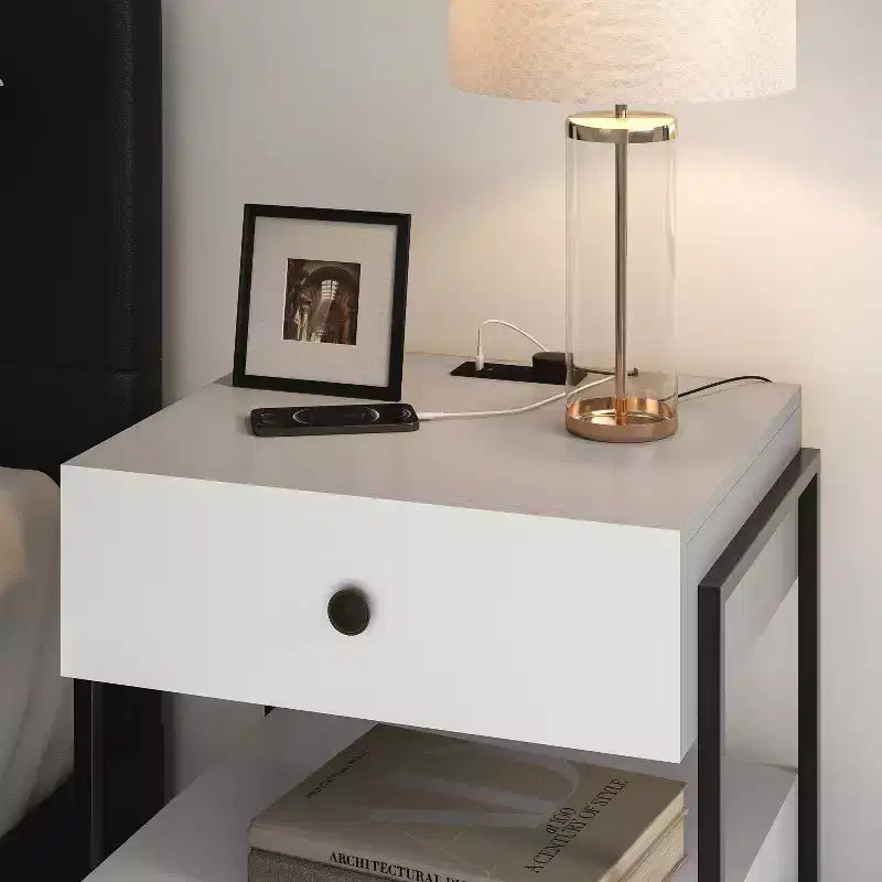 Comodino moderno bianco/nero con ricarica USB, 2 cassetti, 1 pezzo
