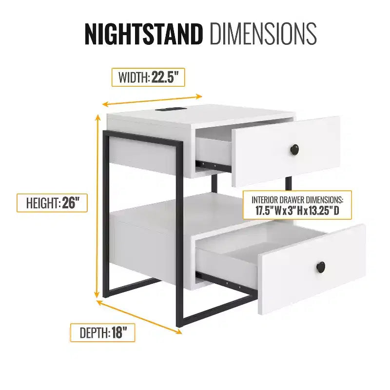 Comodino moderno bianco/nero con ricarica USB, 2 cassetti, 1 pezzo