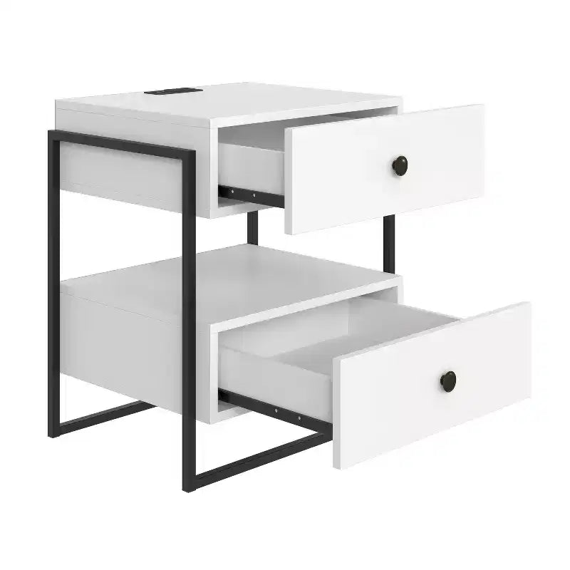 Comodino moderno bianco/nero con ricarica USB, 2 cassetti, 1 pezzo