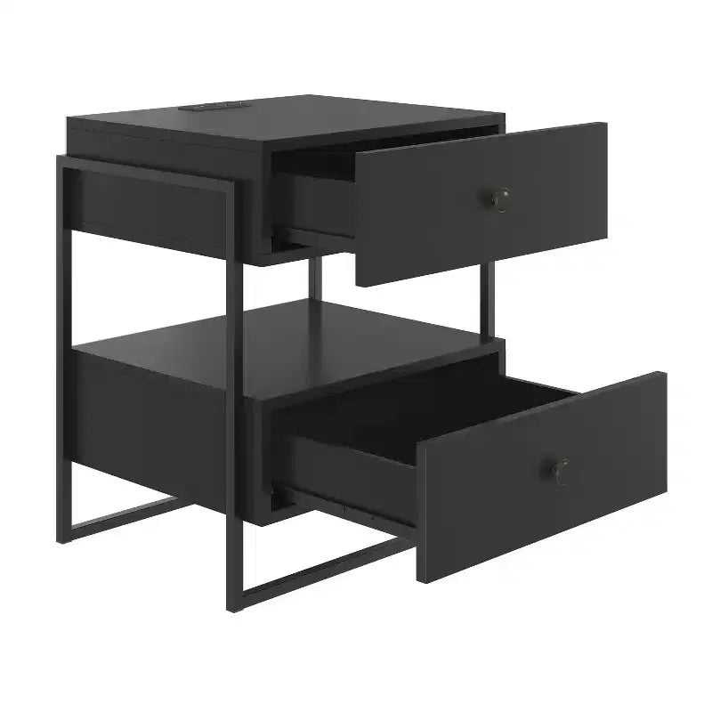 Comodino moderno bianco/nero con ricarica USB, 2 cassetti, 1 pezzo