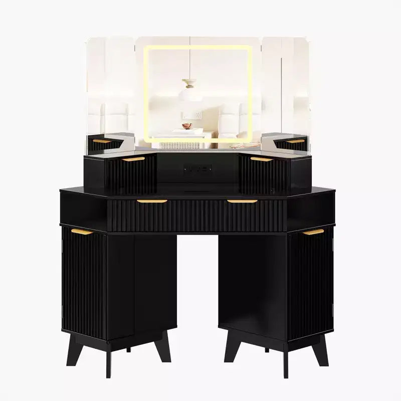 Toeletta angolare scanalata beige/nera/bianca con triplo specchio e luci, 1 persona