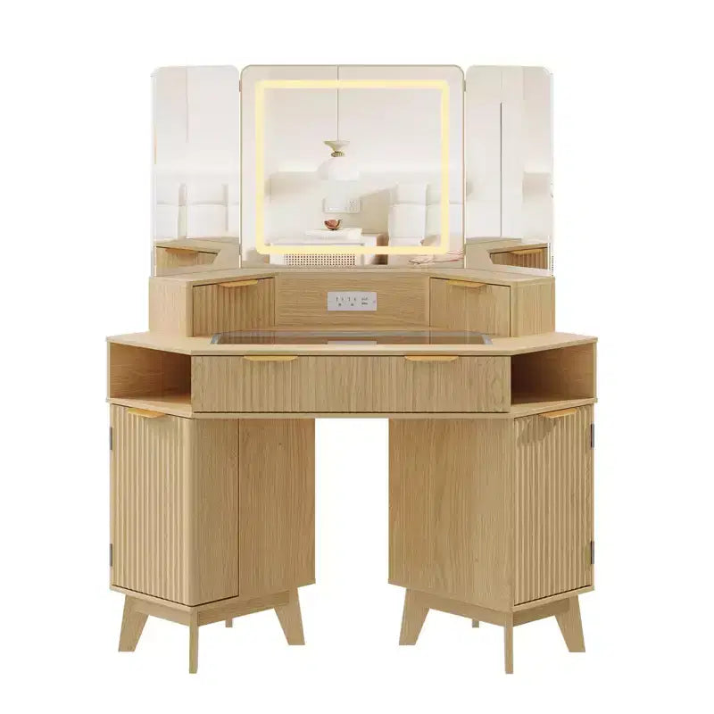 Toeletta angolare scanalata beige/nera/bianca con triplo specchio e luci, 1 persona