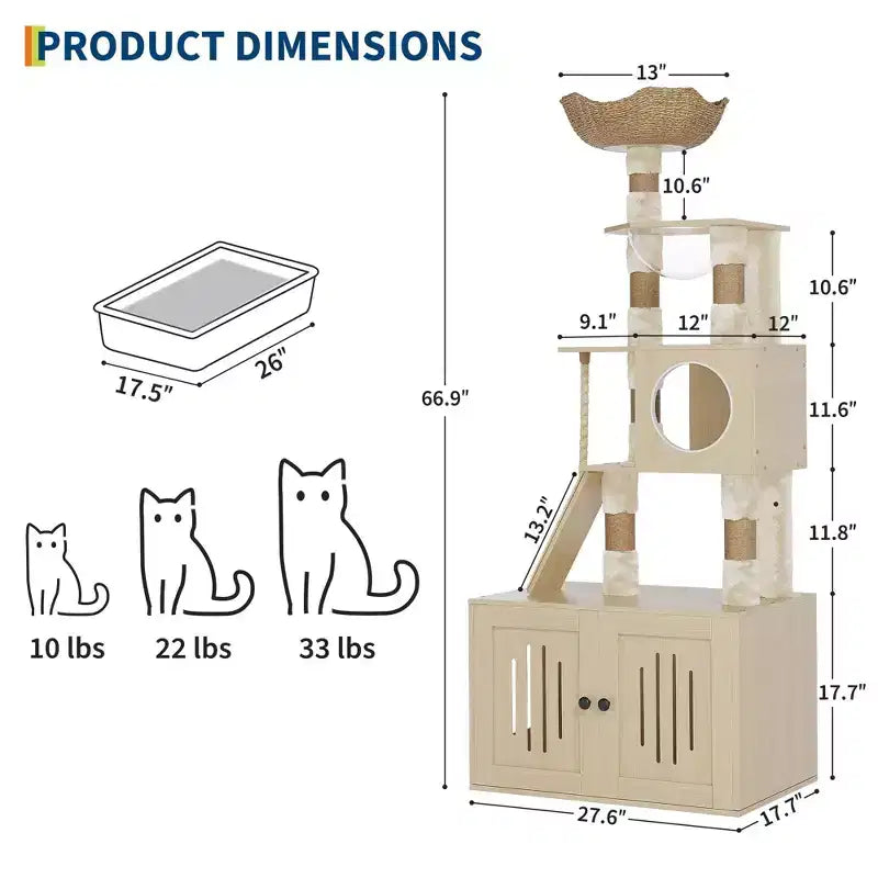 Tiragraffi multipiano grigio con mobiletto per lettiera e armadietto a 2 ante, per 1 gatto