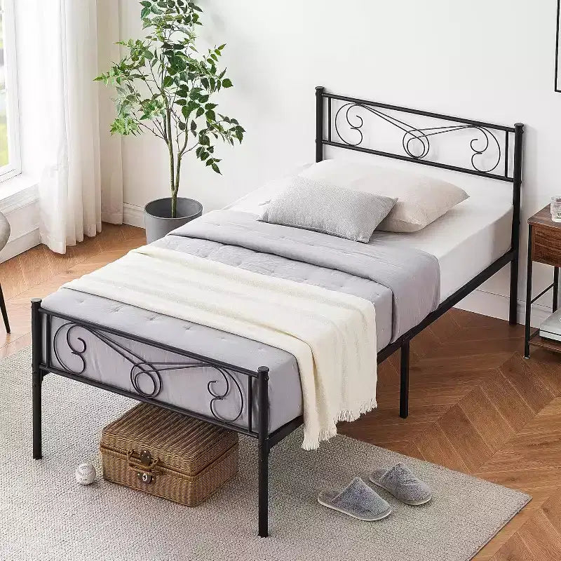 Struttura Letto a Piattaforma Matrimoniale in Metallo Nero con Testiera e Pediera, per 1 Persona