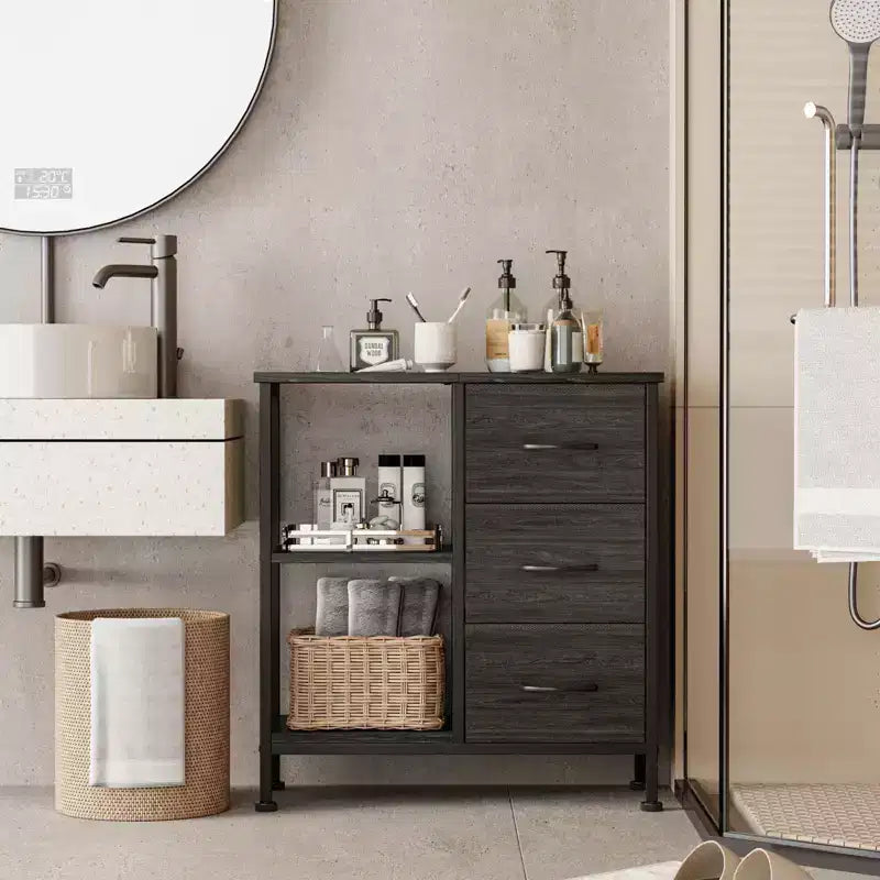 Cassettiera a 3 cassetti con ripiano aperto – Colore nero/bianco/legno, montaggio per 1 persona