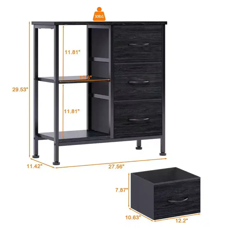 Cassettiera a 3 cassetti con ripiano aperto – Colore nero/bianco/legno, montaggio per 1 persona