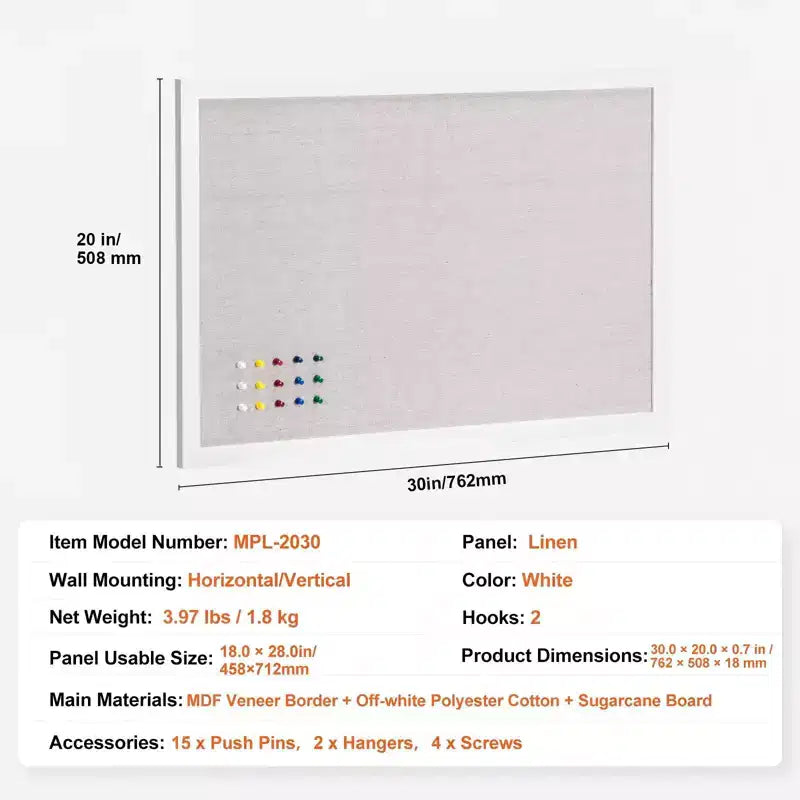 Bacheca in sughero con cornice bianca, 76x51 cm, utente singolo, montaggio orizzontale/verticale