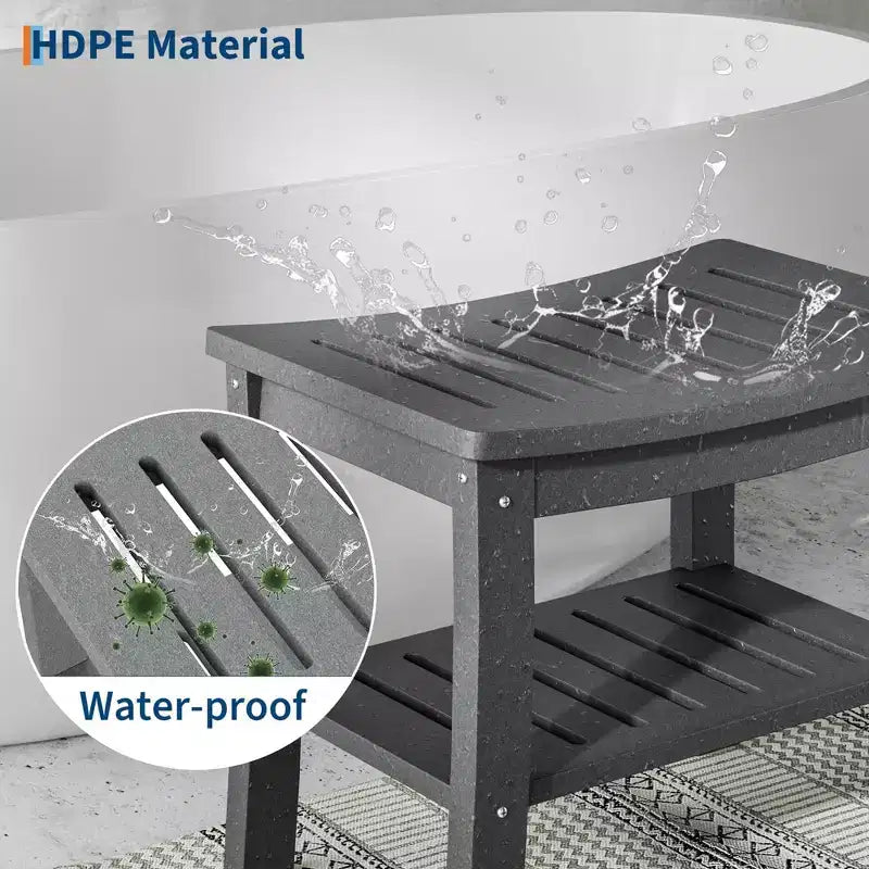 Panca doccia in HDPE nera/marrone/grigia con ripiano portaoggetti, 1 persona