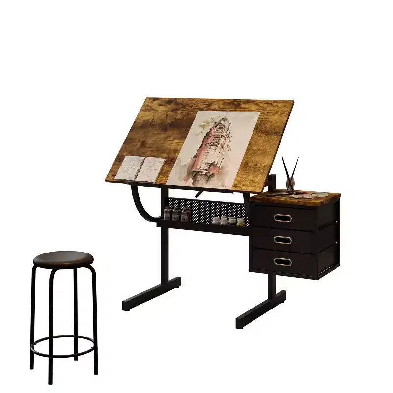 Tavolo da disegno regolabile nero e marrone con sgabello e 3 cassetti, per 1 persona