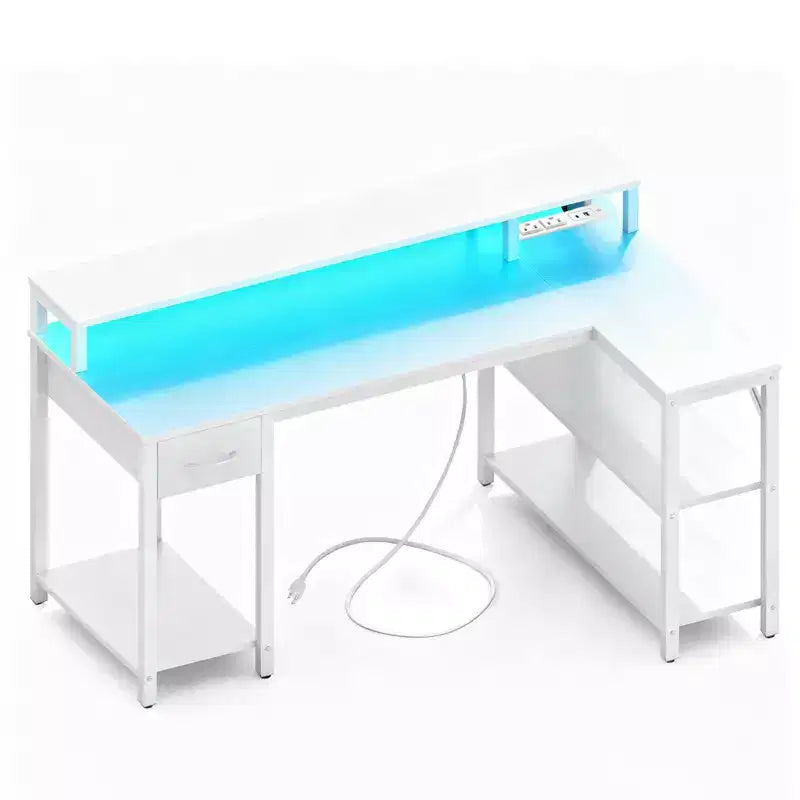 Scrivania gaming a L nera con luci RGB e presa di corrente, 47 pollici, 1 persona