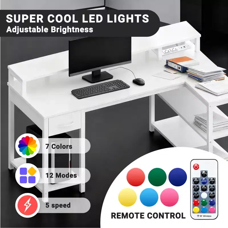 Scrivania gaming a L nera con luci RGB e presa di corrente, 47 pollici, 1 persona