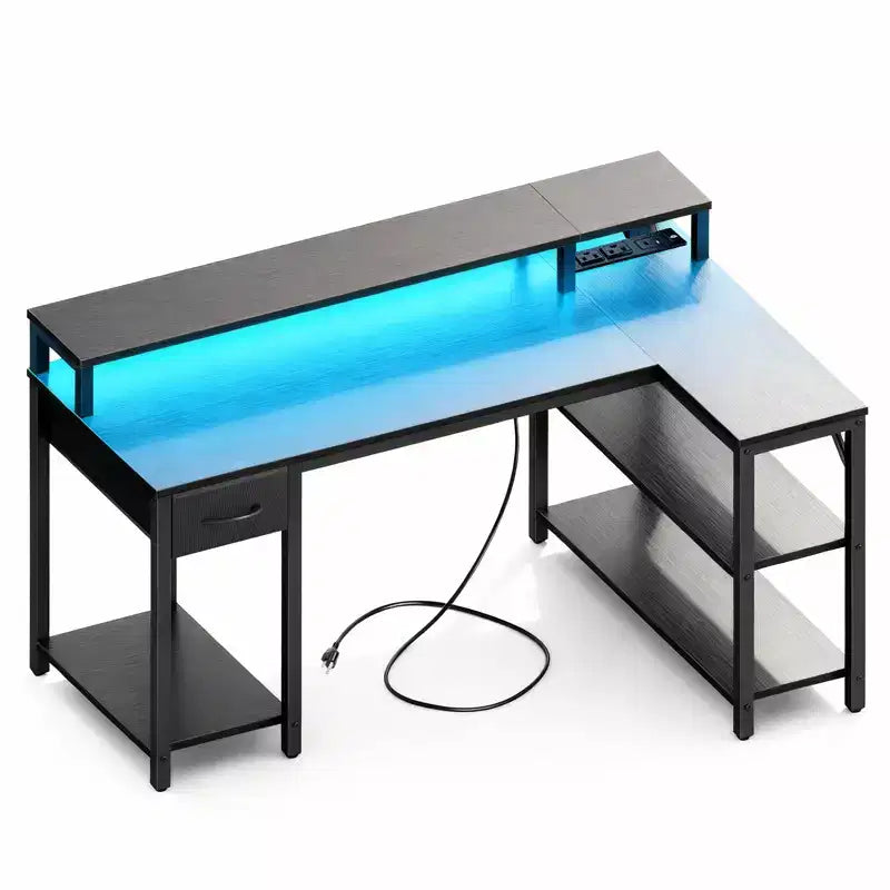 Scrivania gaming a L nera con luci RGB e presa di corrente, 47 pollici, 1 persona
