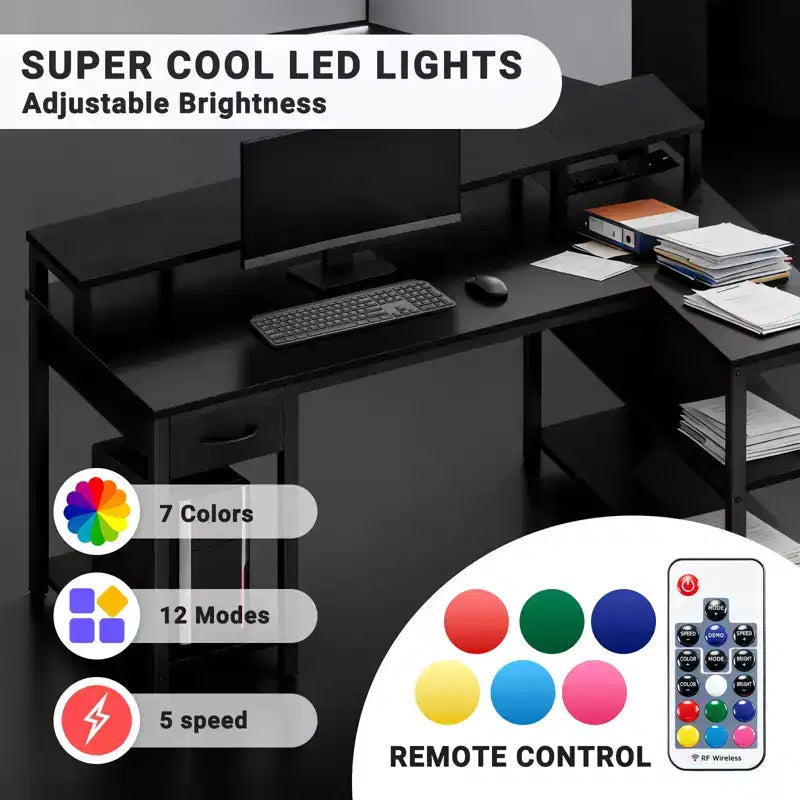 Scrivania gaming a L nera con luci RGB e presa di corrente, 47 pollici, 1 persona
