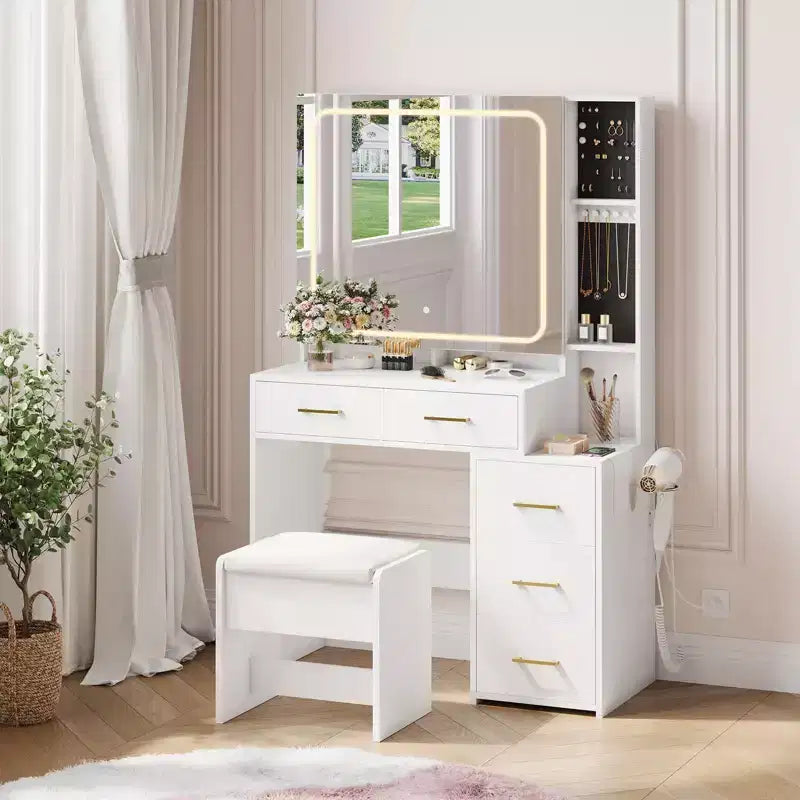 Set scrivania da trucco bianca con specchio illuminato, 5 cassetti e sgabello – 1 persona