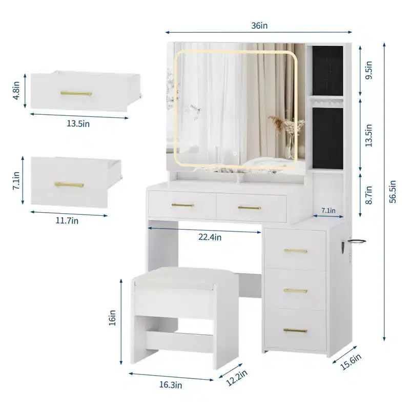 Set scrivania da trucco bianca con specchio illuminato, 5 cassetti e sgabello – 1 persona