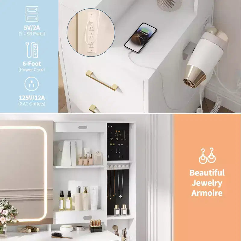 Set scrivania da trucco bianca con specchio illuminato, 5 cassetti e sgabello – 1 persona