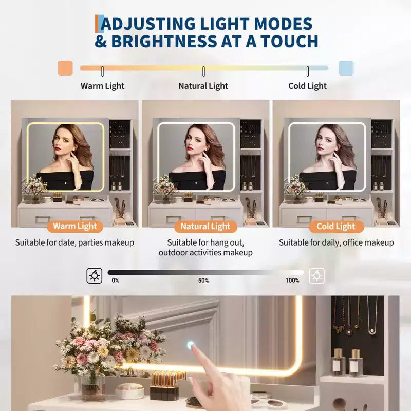 Set scrivania da trucco bianca con specchio illuminato, 5 cassetti e sgabello – 1 persona