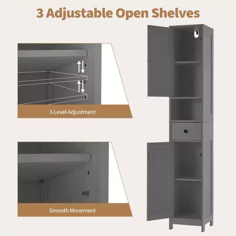 Mobiletto da bagno a colonna sottile con ripiani regolabili, nero/grigio/bianco