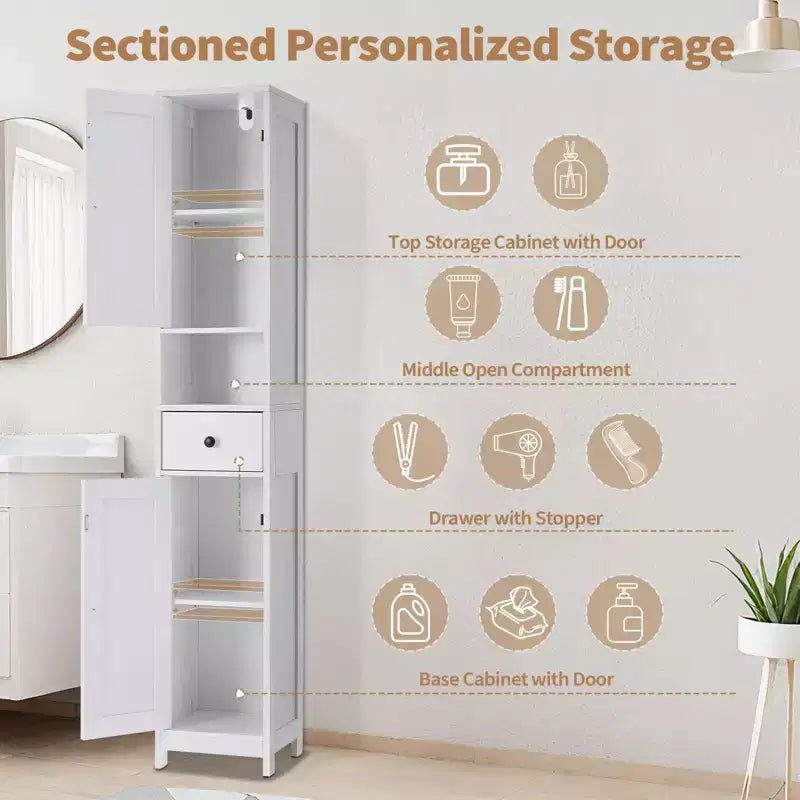 Mobiletto da bagno a colonna sottile con ripiani regolabili, nero/grigio/bianco