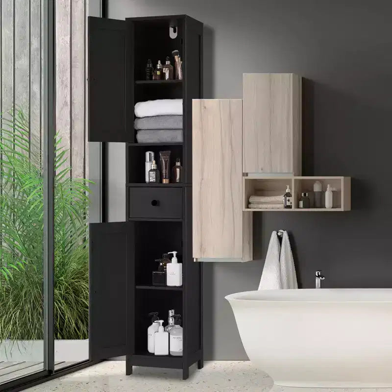 Mobiletto da bagno a colonna sottile con ripiani regolabili, nero/grigio/bianco